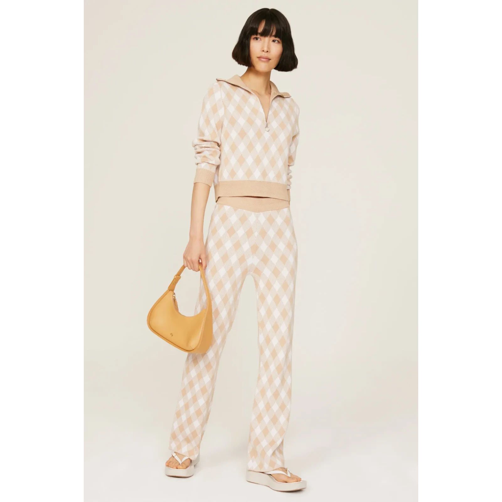 Saylor Checkered Knit Pant Set Tan/White Small